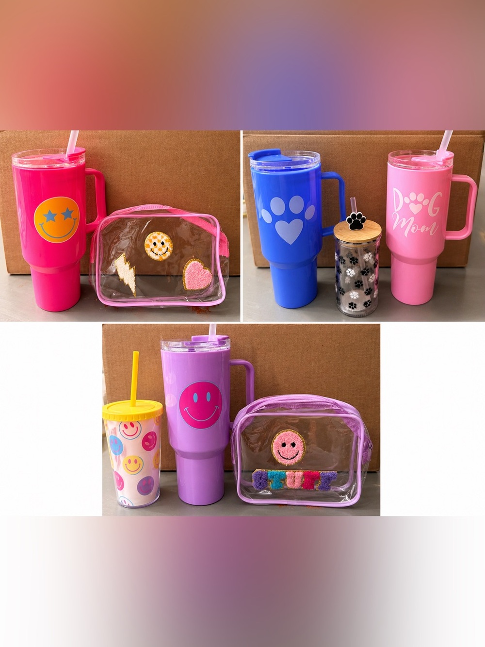 Pink and Purple Smiley Clear Travel Pouch and Tumbler Set